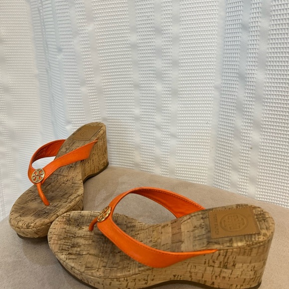 Tory Burch orange leather cork wedge sandals from size 7 great - Picture 3 of 8
